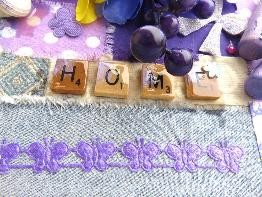 Blue Jean Fabric Wall Plaque with Garden Tools, Purple Flowers, Grapes and Seashells