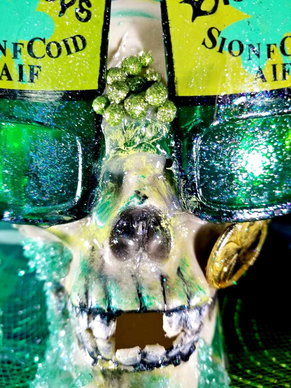 One of a Kind St. Patrick's Skull Decor, Green Beer Goggles, Missing Front Teeth and Shamrocks