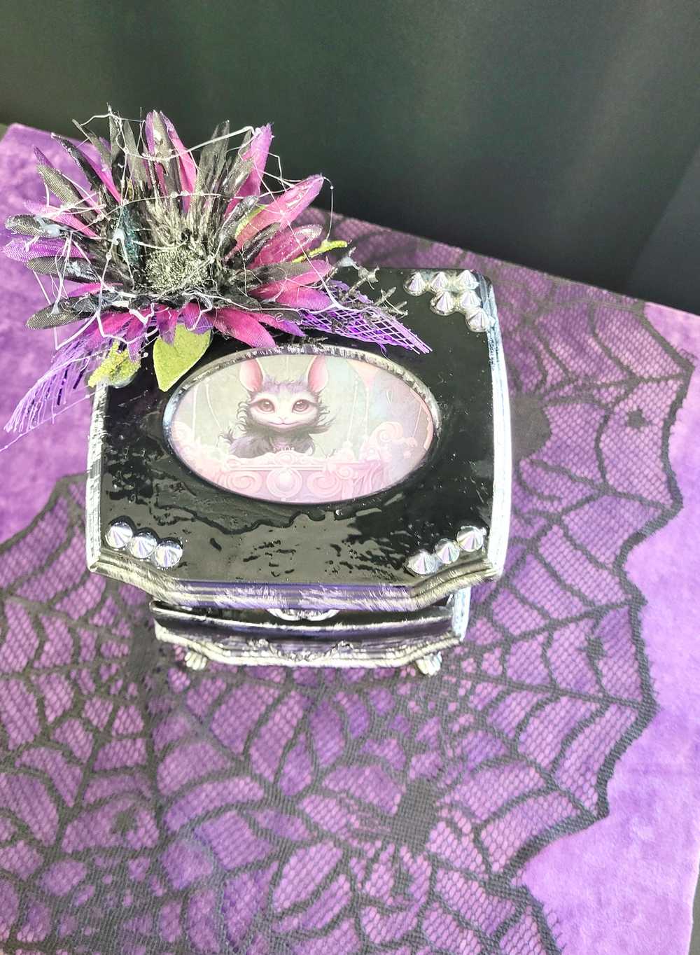 Musical Jewelry Painted Black With Baby Bats, Black & Purple Flower and Silver Spiked Domes