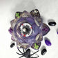 Rose Petal Glass Painted Purple Candle Holder for Battery Operated Candles with Cross & Bone Charms