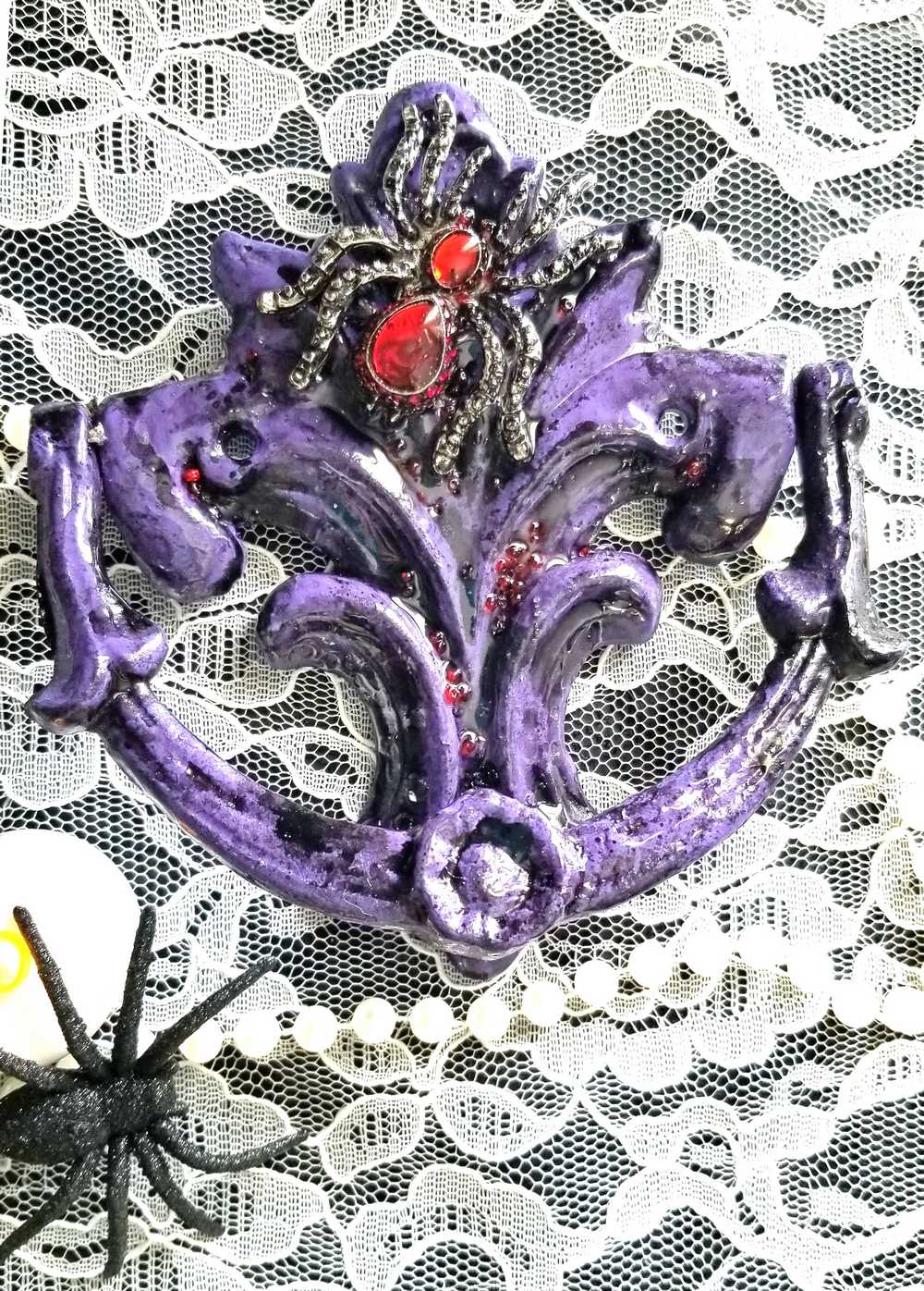 Antique Heavy Metal Door Knocker Painted Deep Purple with Red Studded Gemstone Spider