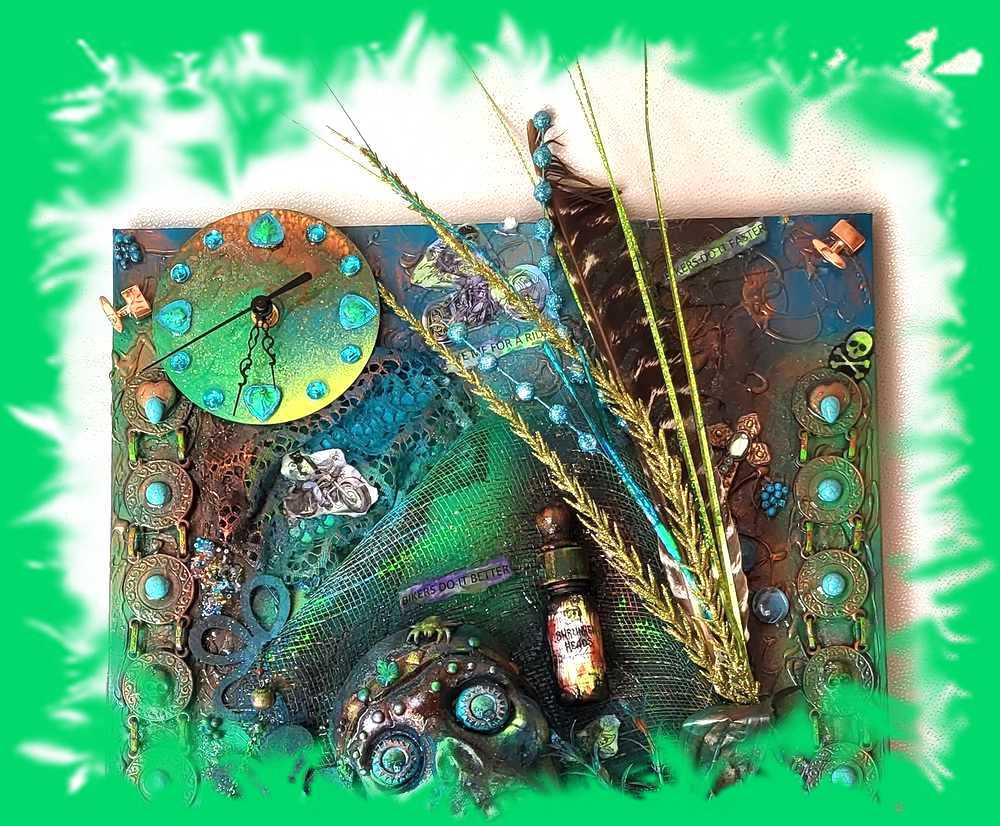 Clock, Voodoo Skull Witch Doctor on 16x20 inch Canvas with Turquoise Beads and Motorcycles