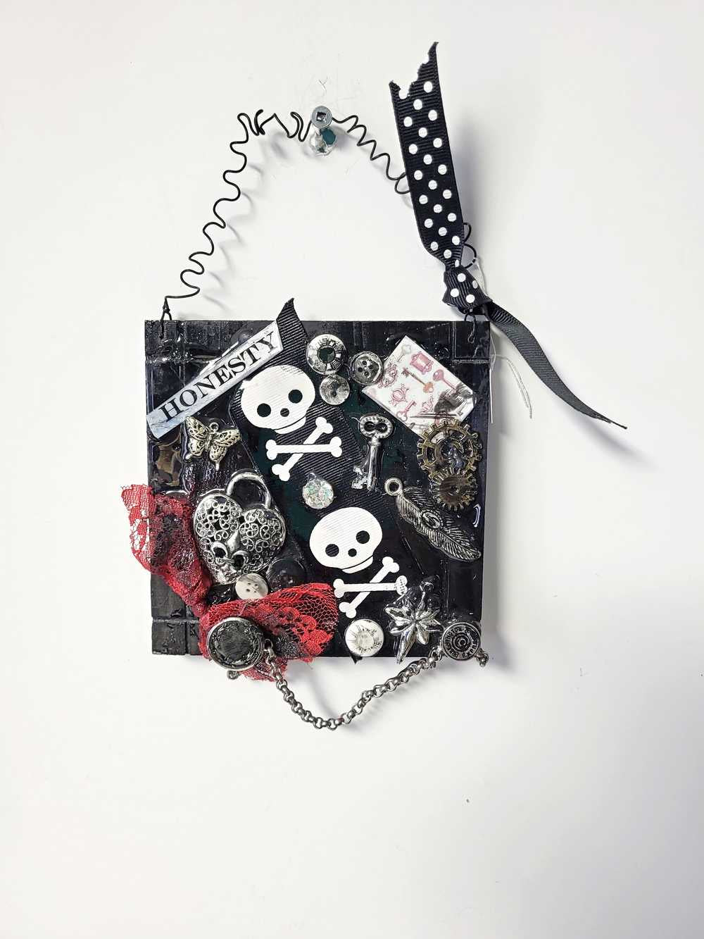 Black Wall Plaque with Skull & Bones Ribbon, Honesty Sign, Recycle Jewelry, Keys & Gears, Punk Goth Sign