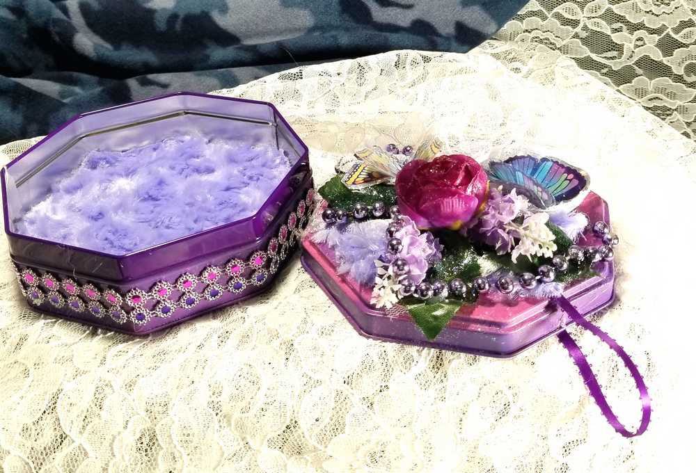 Tin Box Repurposed into a Jewelry Box, Two Butterflies and Deep Purple Rose on Lace