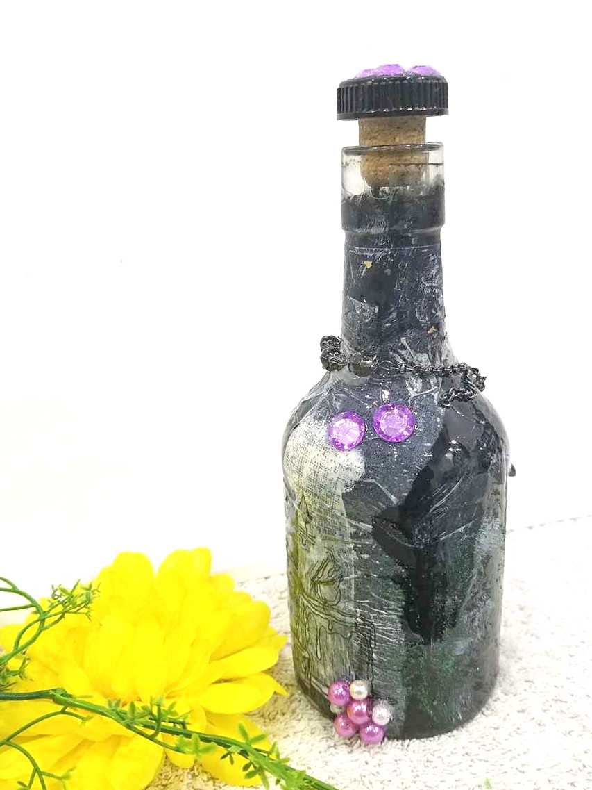 Altered Glass Bottle, Decanter, with a Crow, Chain with Keys, Purple Gems, Re-Usable