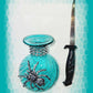 Intense Teal Glass Vase with Shining Silver Studs and a Textured 3D Spider