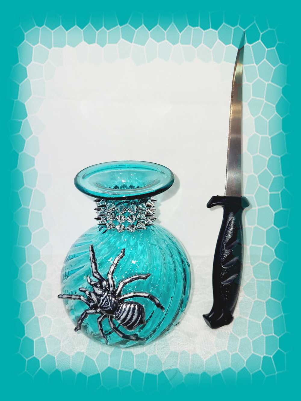 Intense Teal Glass Vase with Shining Silver Studs and a Textured 3D Spider