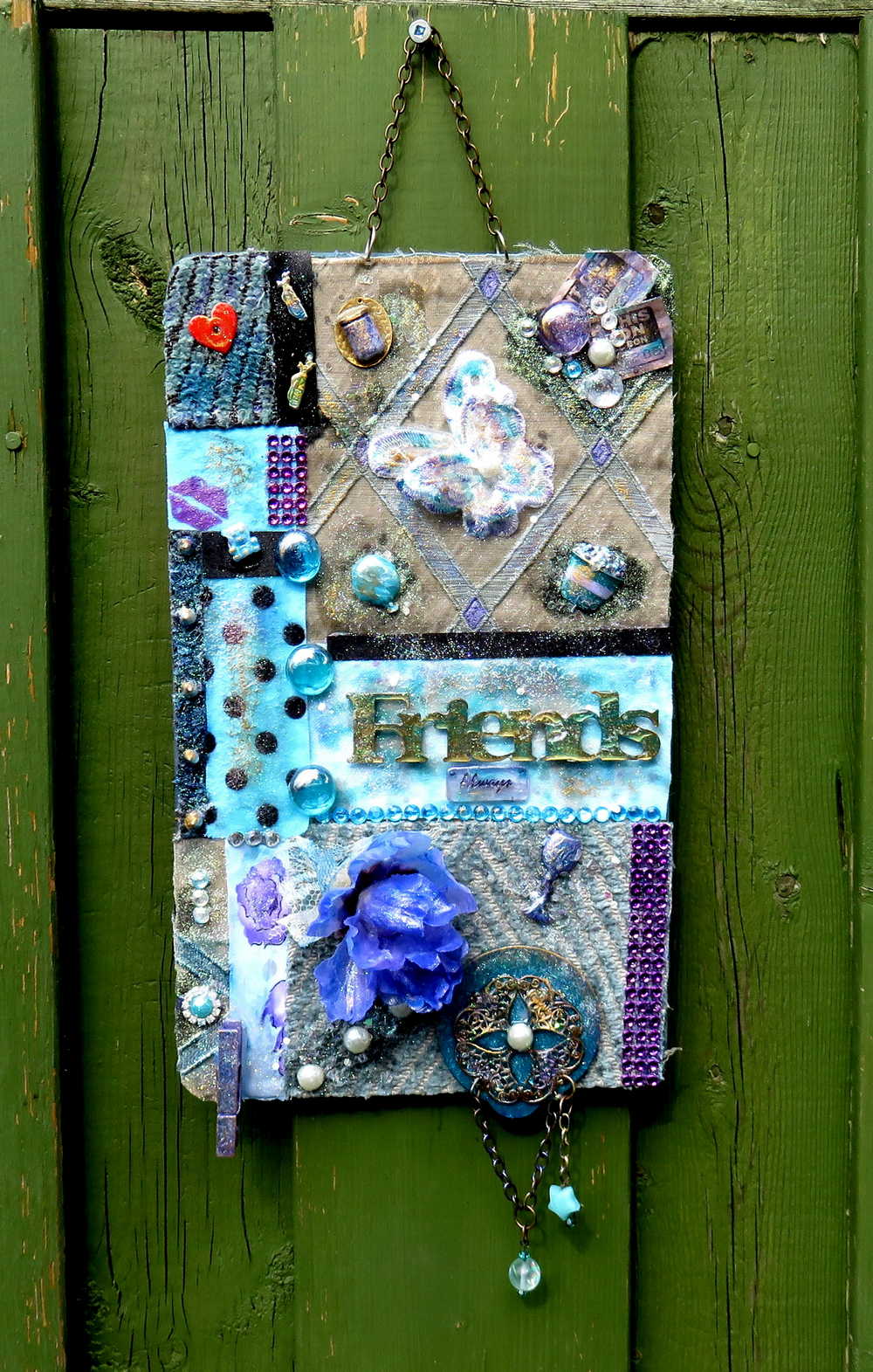 "Friend's" Wall Hanging Collage Using Fabrics In Blues, Purples and Teals, and Holds your "BEST FRIENDS" Photo