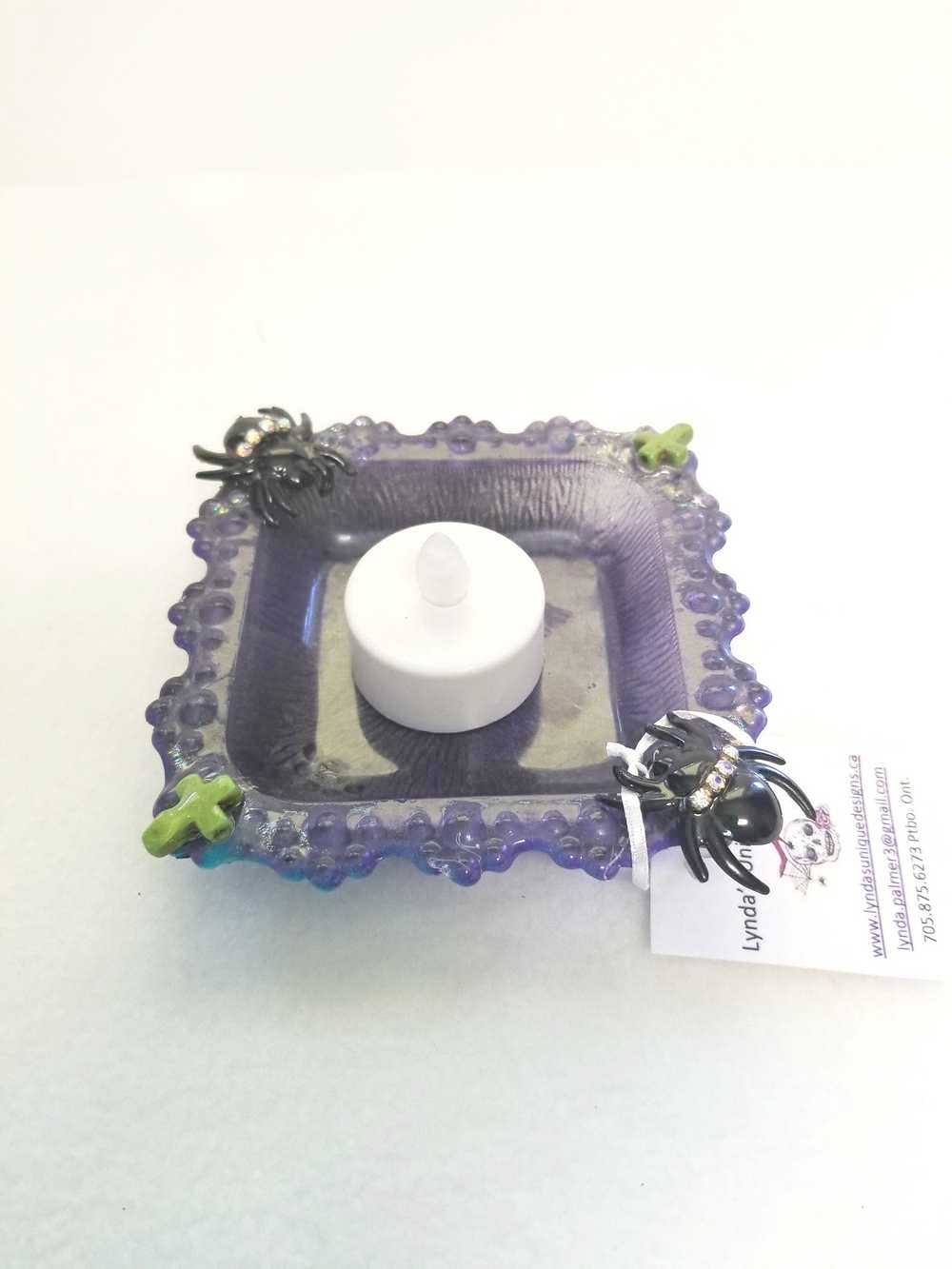 Creepy, Adorable Purple Candle Holder or Candy Dish  with Rhinestone Studded Black Spiders and Green Crosses