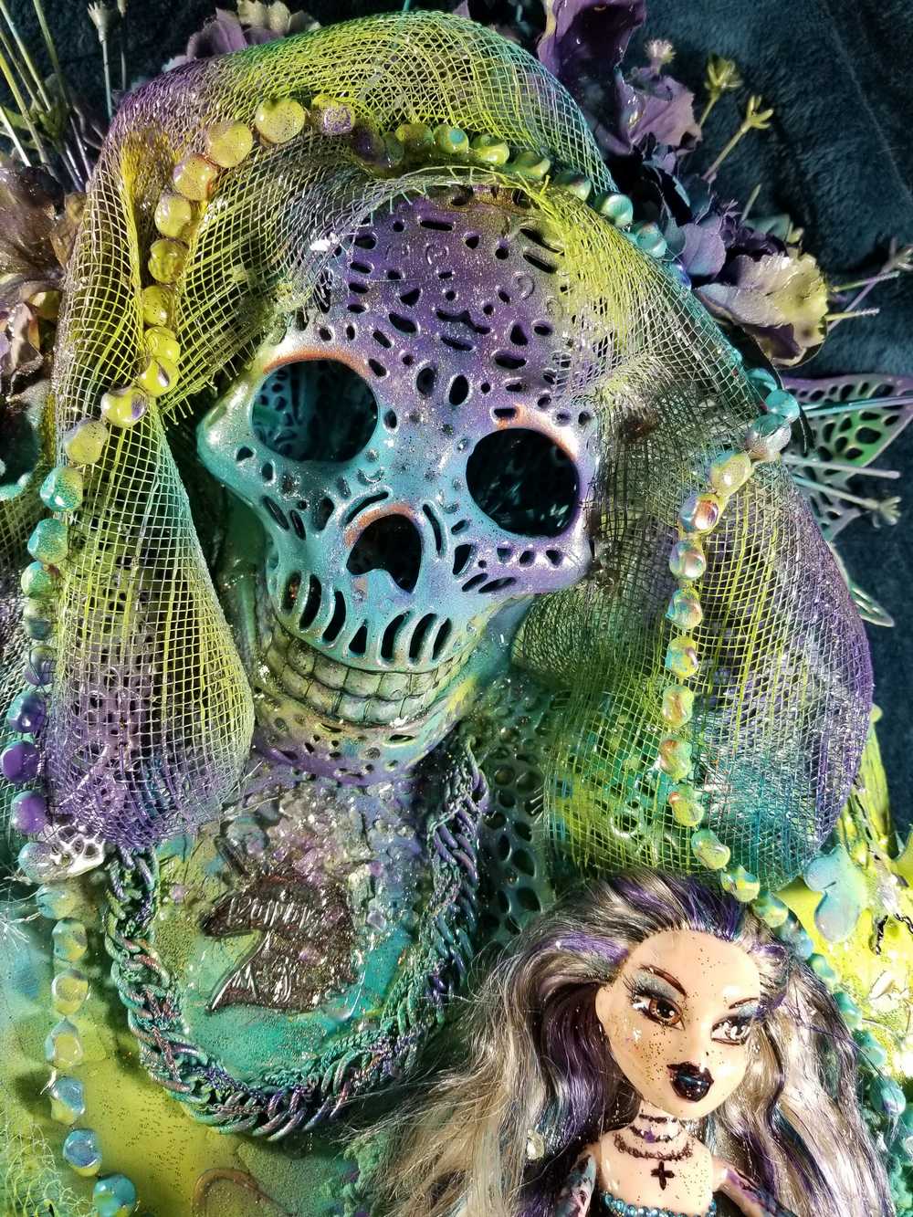 Skull Goddess and The Babe, in Purples & Blues, on 16L x 20W Mixed Media Canvas with Wall Clock