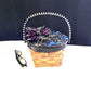 Wood Basket Covered with Black Skull Fabric, with a Purple & Black Flower, Blue Glass Cabochons & a Large Sparkley Spider