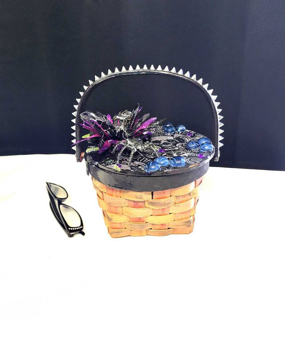 Wood Basket Covered with Black Skull Fabric, with a Purple & Black Flower, Blue Glass Cabochons & a Large Sparkley Spider