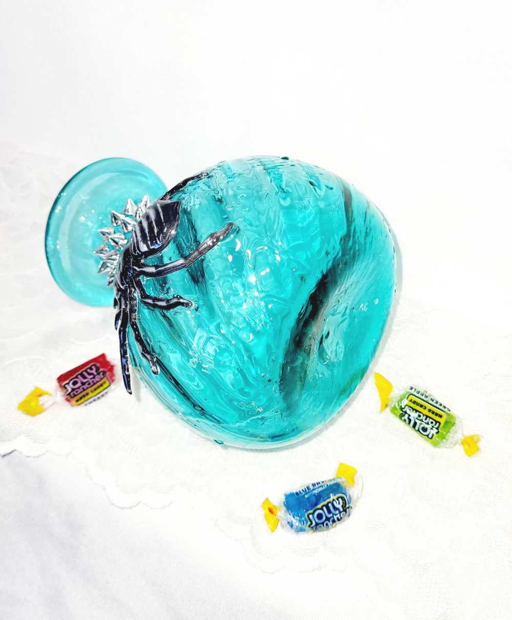 Intense Teal Glass Vase with Shining Silver Studs and a Textured 3D Spider