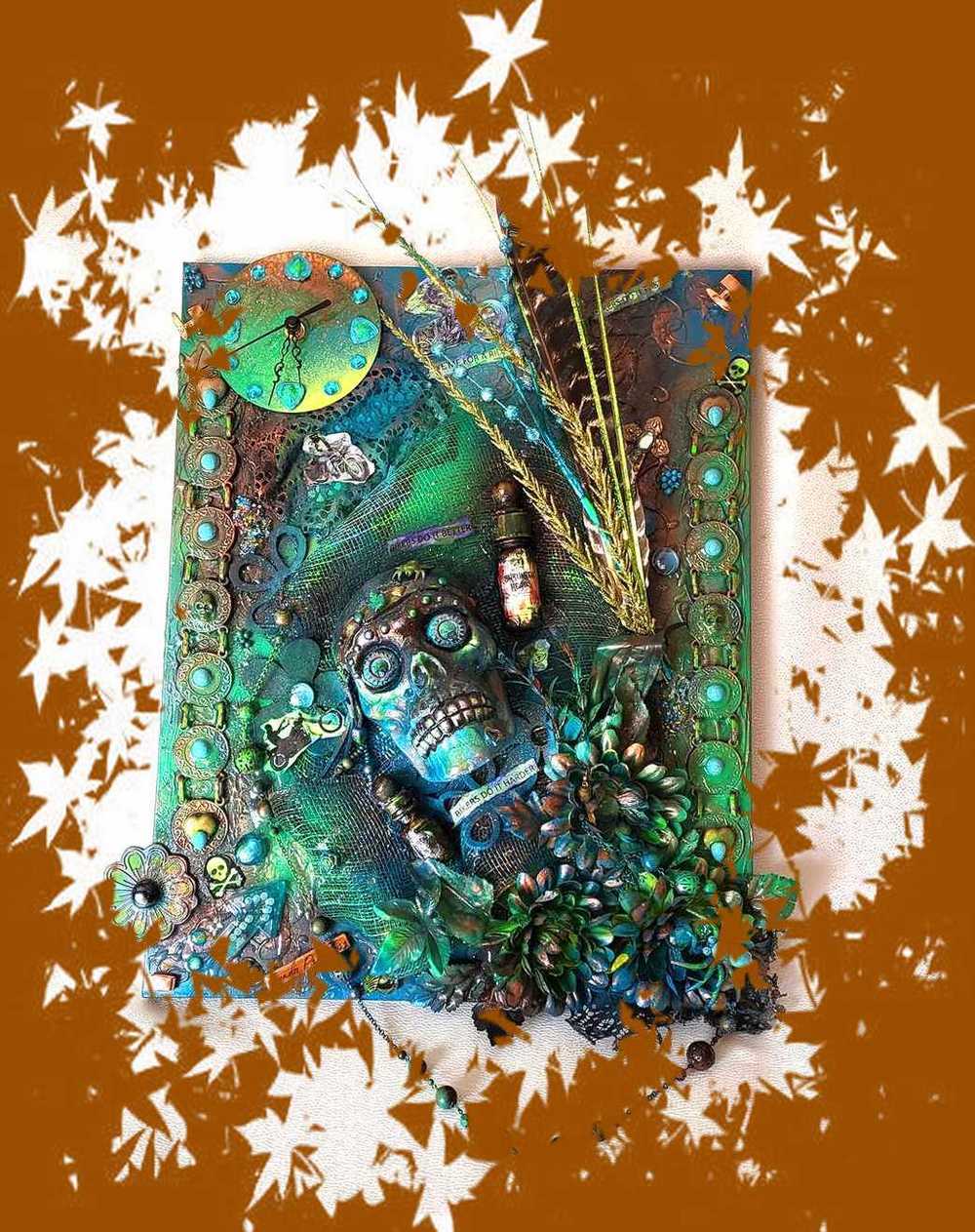 Clock, Voodoo Skull Witch Doctor on 16x20 inch Canvas with Turquoise Beads and Motorcycles