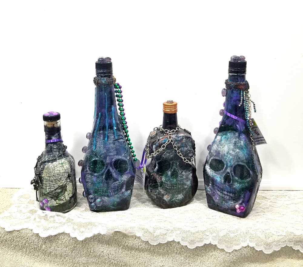 Altered Glass Bottle, Decanter, with a Crow, Chain with Keys, Purple Gems, Re-Usable