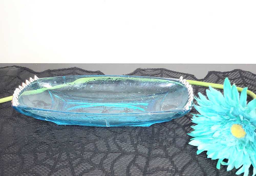 Long Teal Altered Glass Candy Dish with Silver Studs, a Black Cat and a Witch Hat