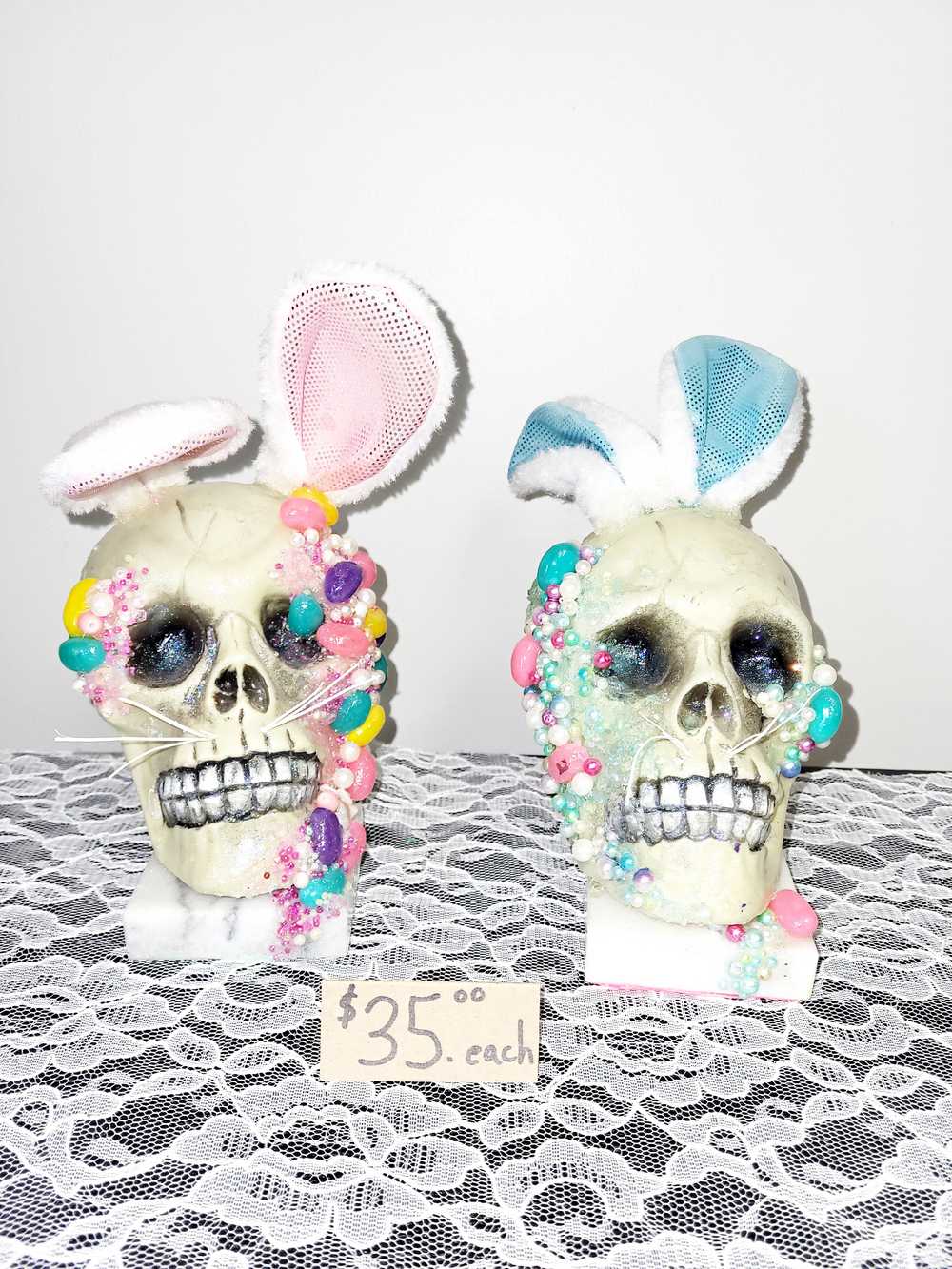 Resin Encased Easter Bunny Skull with Jelly Beans, Pearls & Glitter on a Marble Base