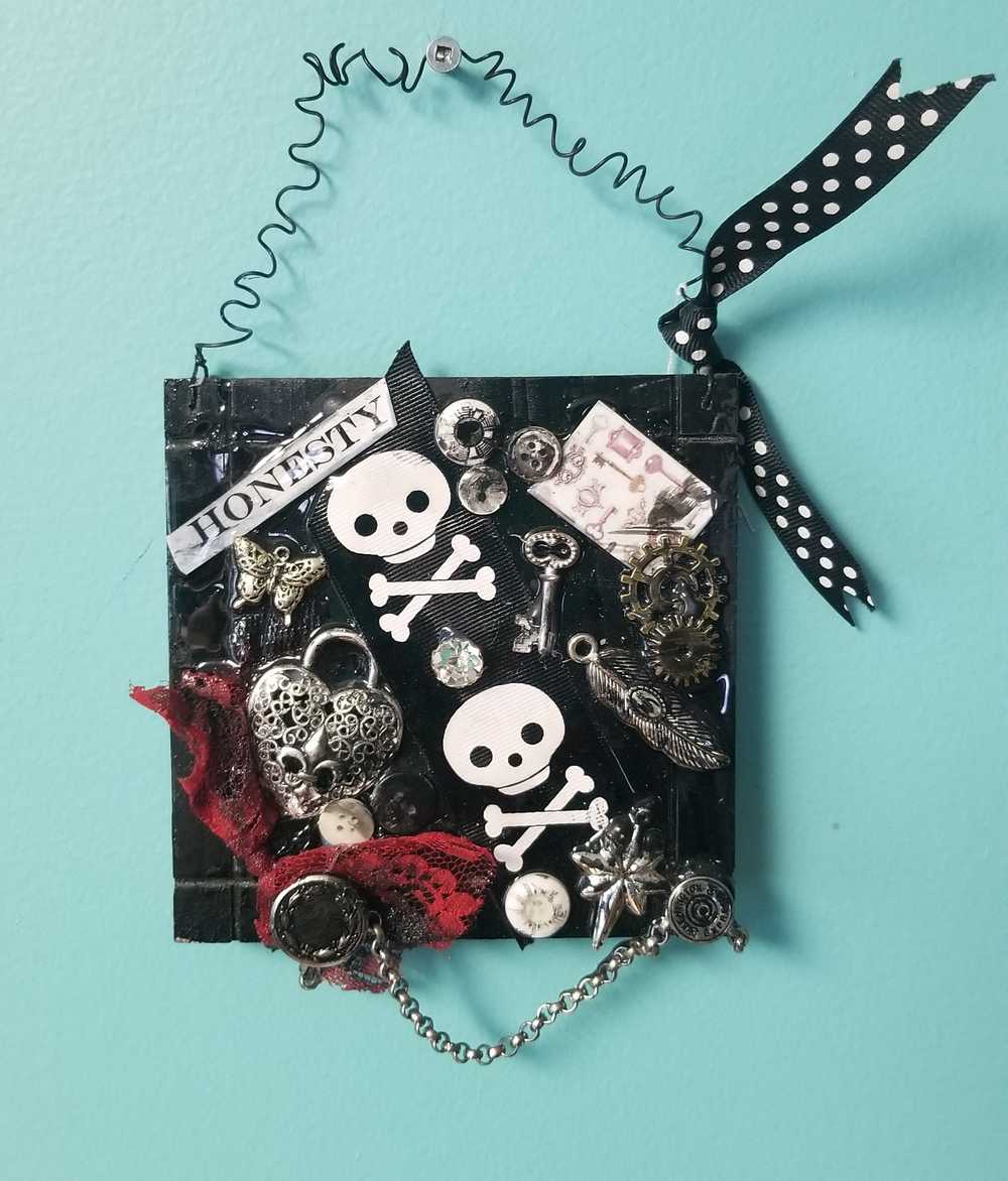 Black Wall Plaque with Skull & Bones Ribbon, Honesty Sign, Recycle Jewelry, Keys & Gears, Punk Goth Sign