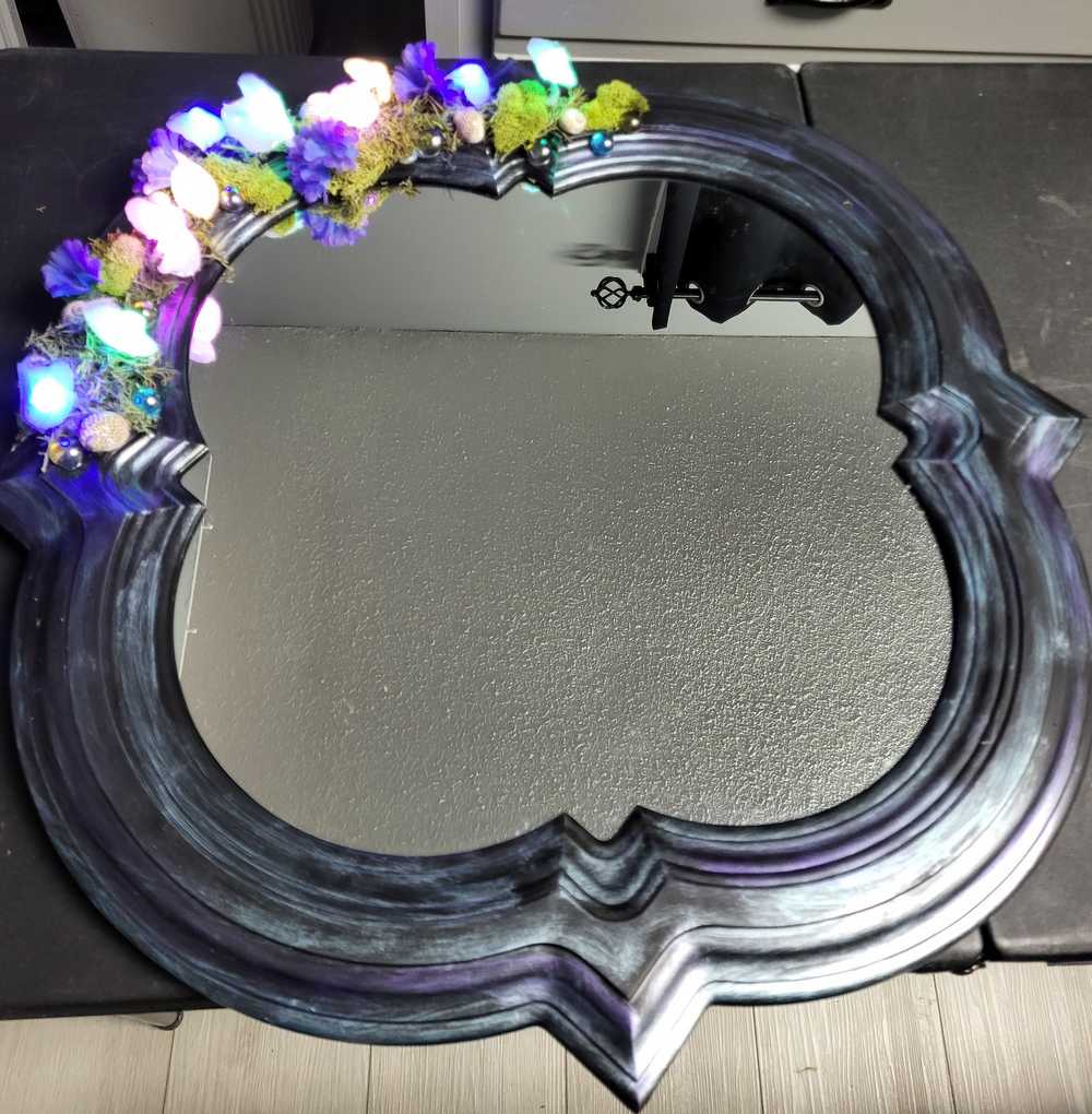 Black Hand Painted Unique Shaped Wall Mirror with Handmade Mushroom Colored Lights, 3 Settings