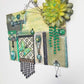 Decorative Collage of Green Fabrics, Recycled Jewelry, Flowers & Mini Picture Frame, Wall Art, Wall Hanging