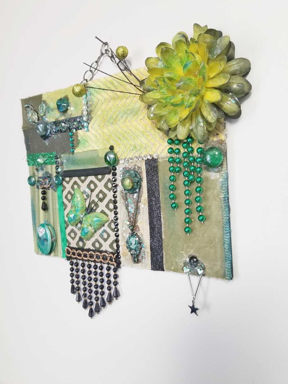 Decorative Collage of Green Fabrics, Recycled Jewelry, Flowers & Mini Picture Frame, Wall Art, Wall Hanging