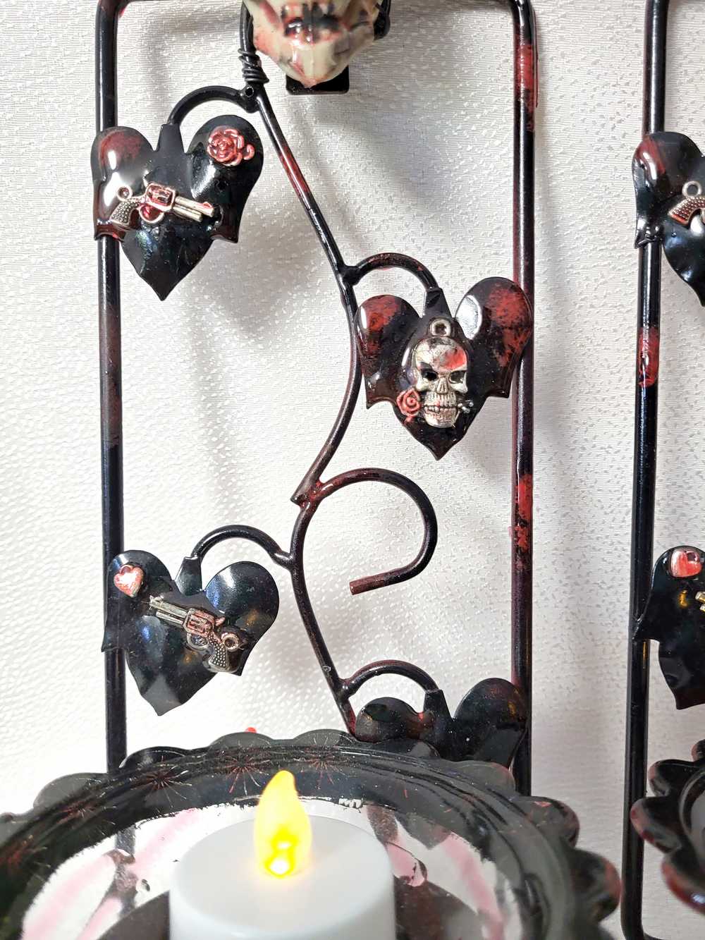 Wall Mounted Battery Candle Holder with Skulls & Red Roses, Glass Bowls Holds Two Battery Candles