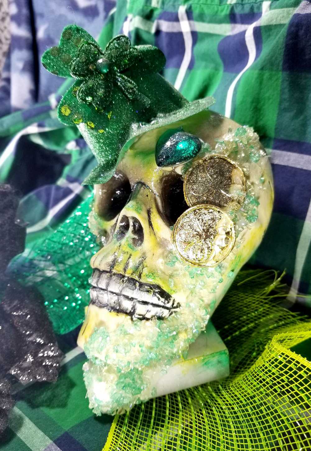 Handmade Resin St. Patrick's Day Skull with Top Hat, Shamrock, Bell & Gold Coins on a Marble Base