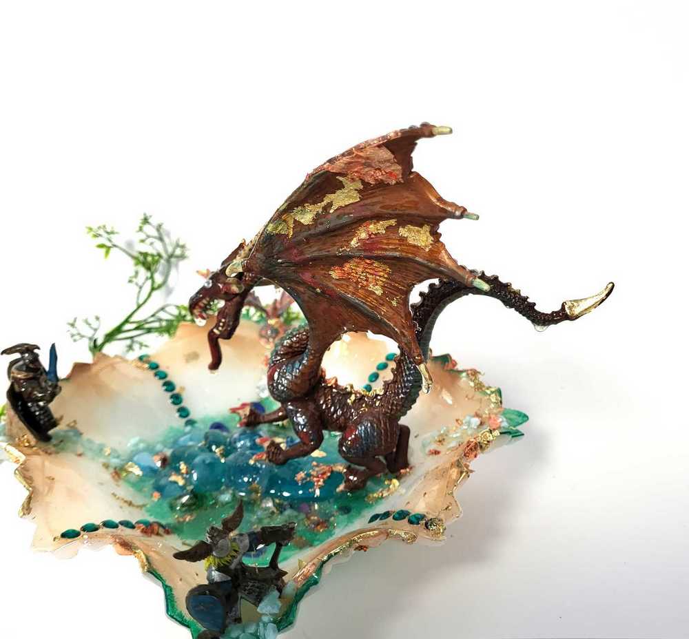 Fire-Breathing Dragon in Antique Glass Dish in a Fierce Fight for Survival