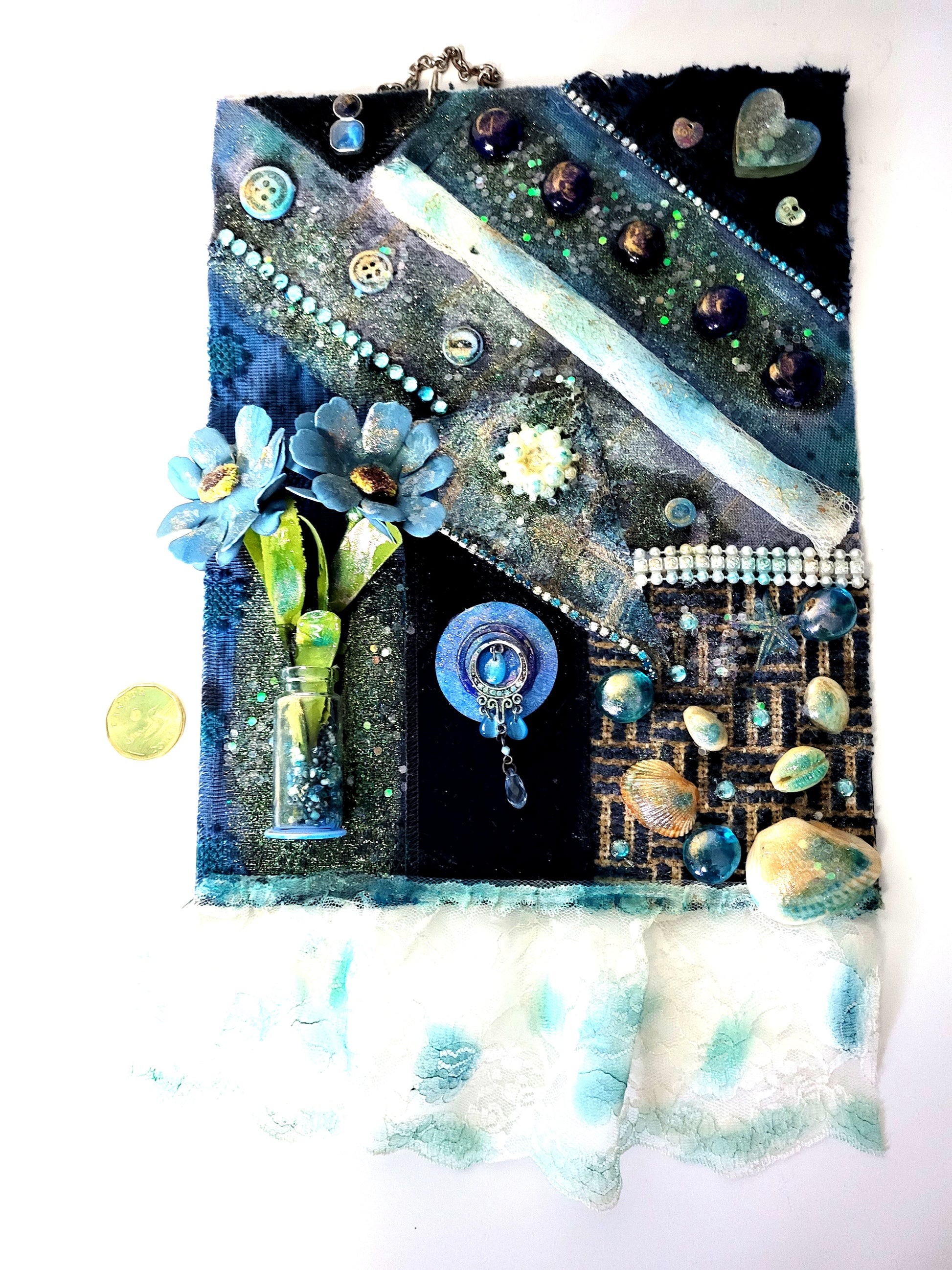 Multi Media Fabric Art Wall Piece in Shades of Blue, Collage, Decorative Wall Art