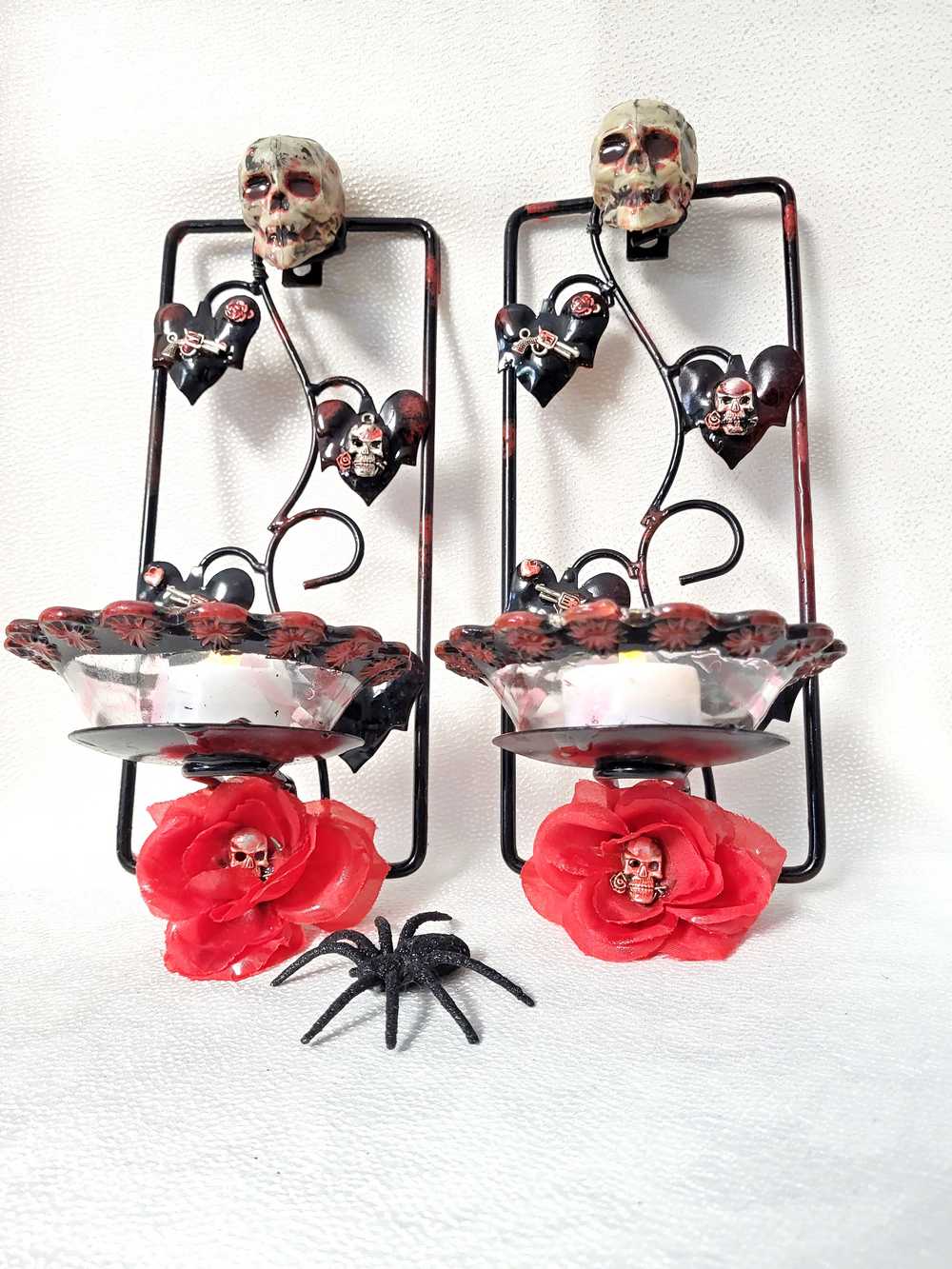 Wall Mounted Battery Candle Holder with Skulls & Red Roses, Glass Bowls Holds Two Battery Candles