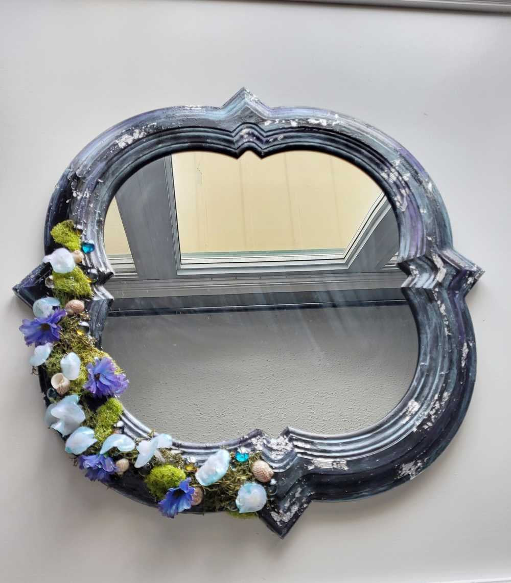 Black Hand Painted Unique Shaped Wall Mirror with Handmade Mushroom Colored Lights, 3 Settings