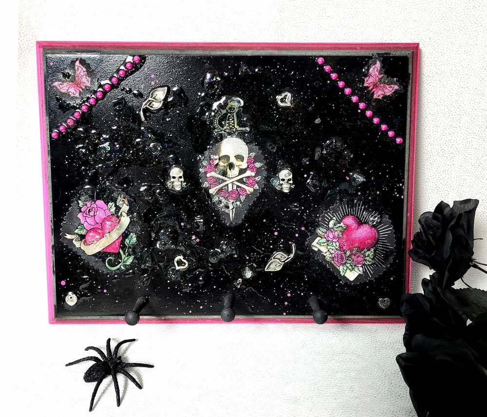 Black Goth Wall Plaque with a Skull with a Sword, Glass and Pink Butterflies