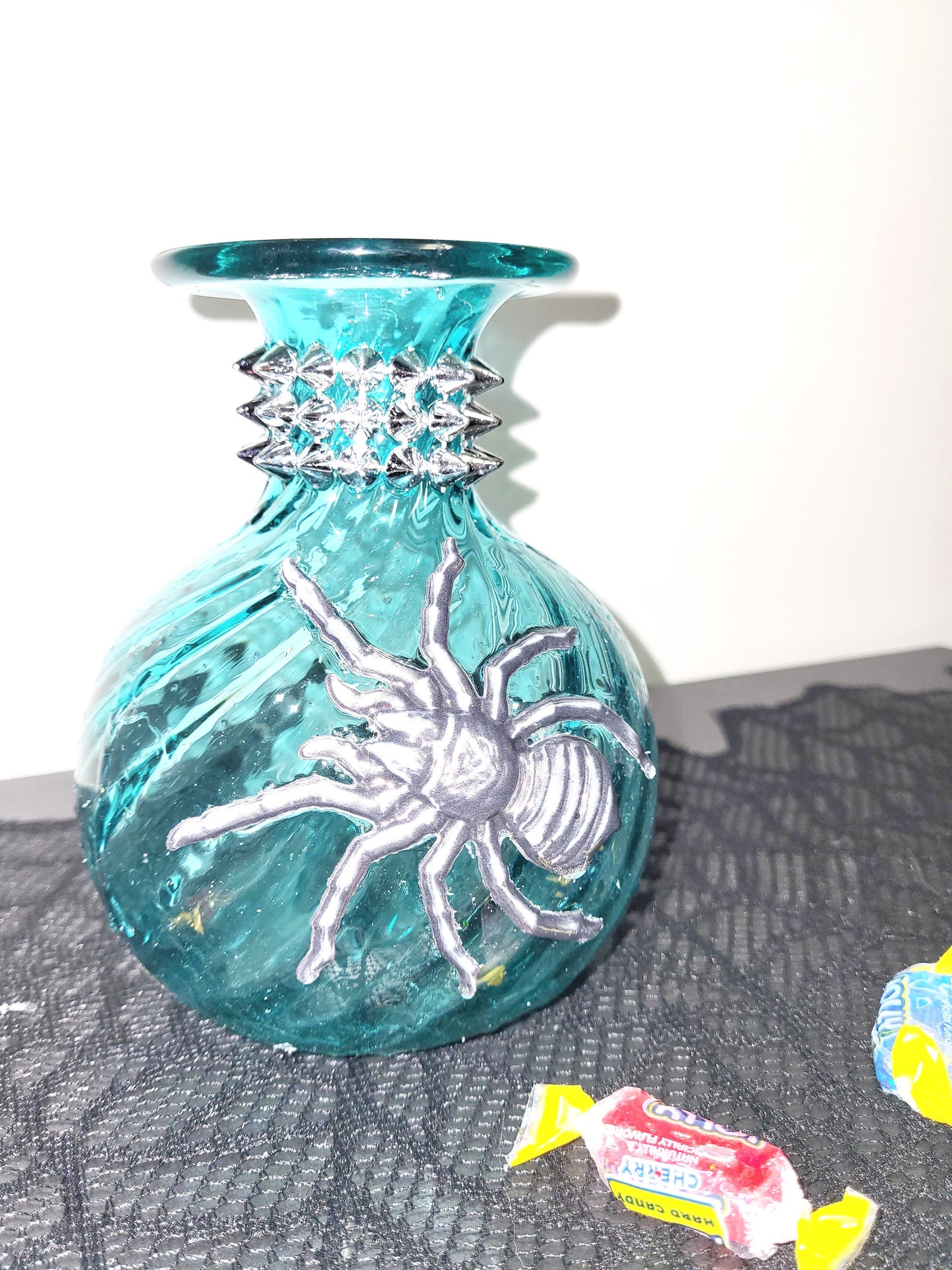 Intense Teal Glass Vase with Shining Silver Studs and a Textured 3D Spider