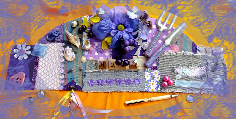 Blue Jean Fabric Wall Plaque with Garden Tools, Purple Flowers, Grapes and Seashells