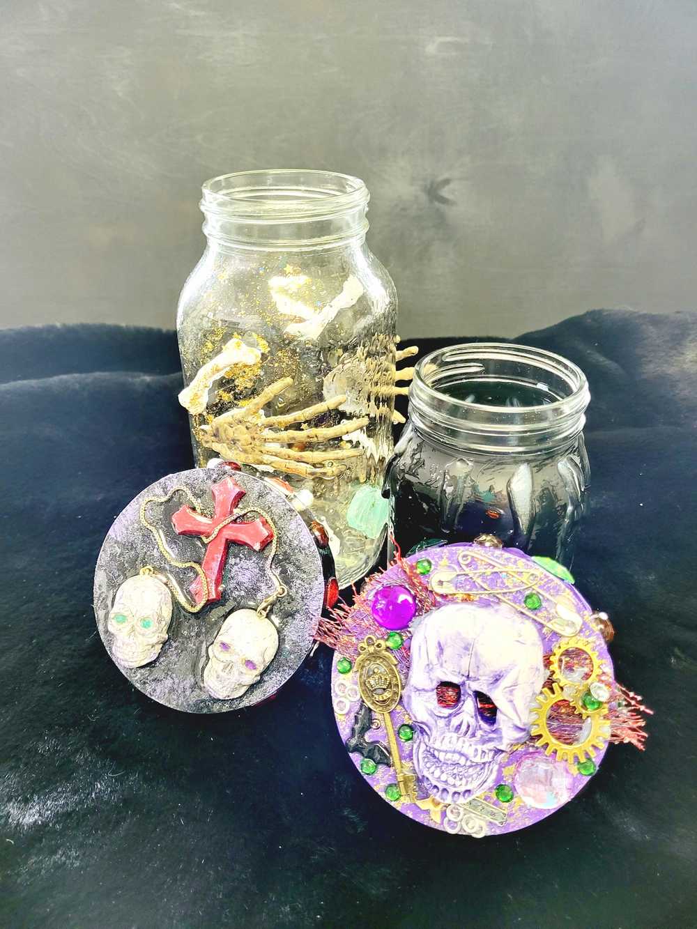 1 litre Mason Jar Filled with Hard Candy. With a Wooden Lid with Resin Skulls & a Cross