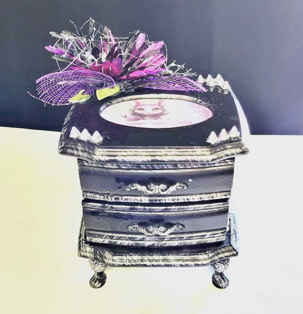 Musical Jewelry Painted Black With Baby Bats, Black & Purple Flower and Silver Spiked Domes