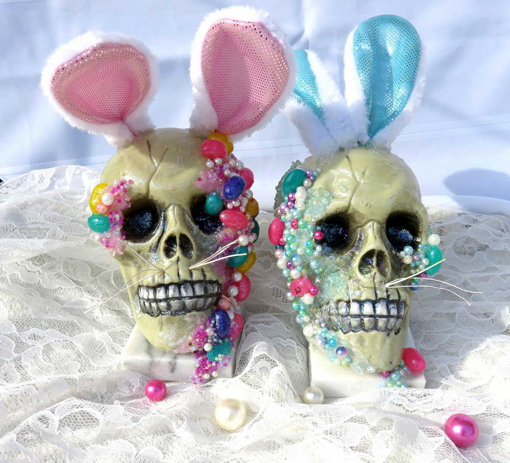 Resin Encased Easter Bunny Skull with Jelly Beans, Pearls & Glitter on a Marble Base