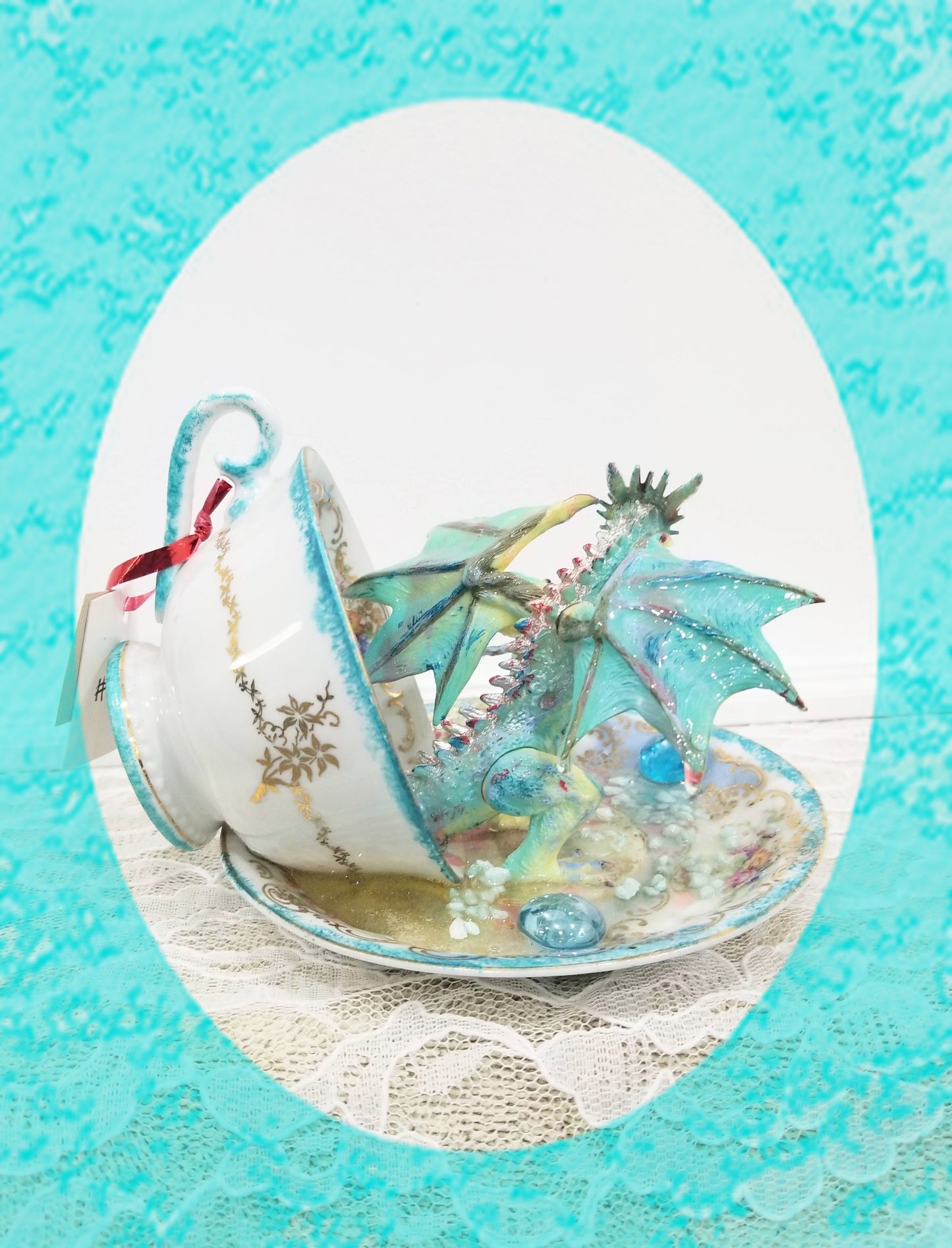 Fighting Dragons in a Vintage Teacup and Saucer Encased in Resin