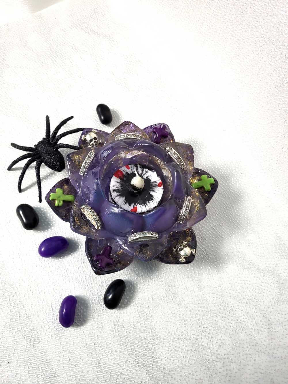 Rose Petal Glass Painted Purple Candle Holder for Battery Operated Candles with Cross & Bone Charms