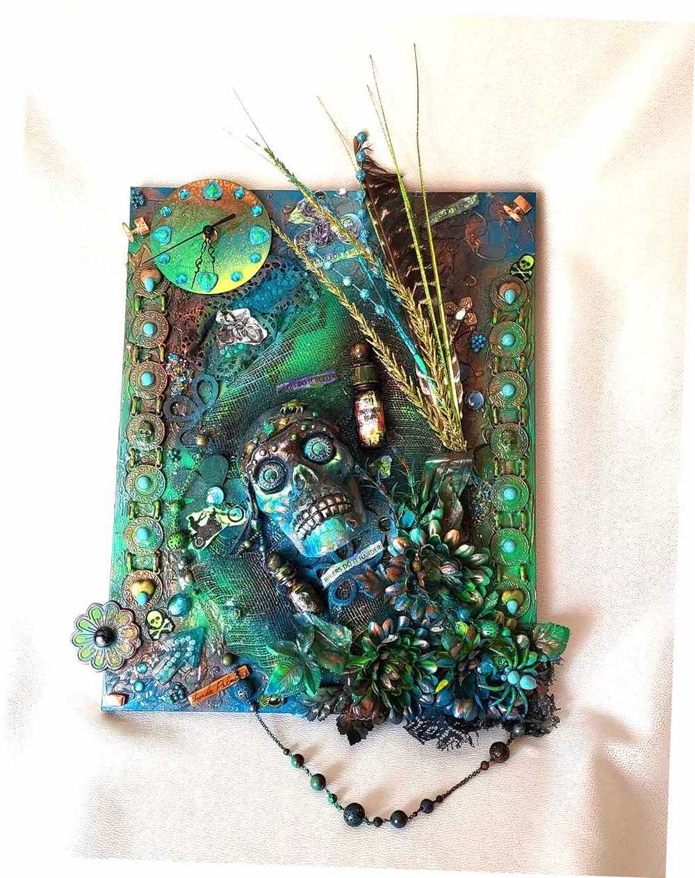 Clock, Voodoo Skull Witch Doctor on 16x20 inch Canvas with Turquoise Beads and Motorcycles