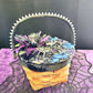 Wood Basket Covered with Black Skull Fabric, with a Purple & Black Flower, Blue Glass Cabochons & a Large Sparkley Spider