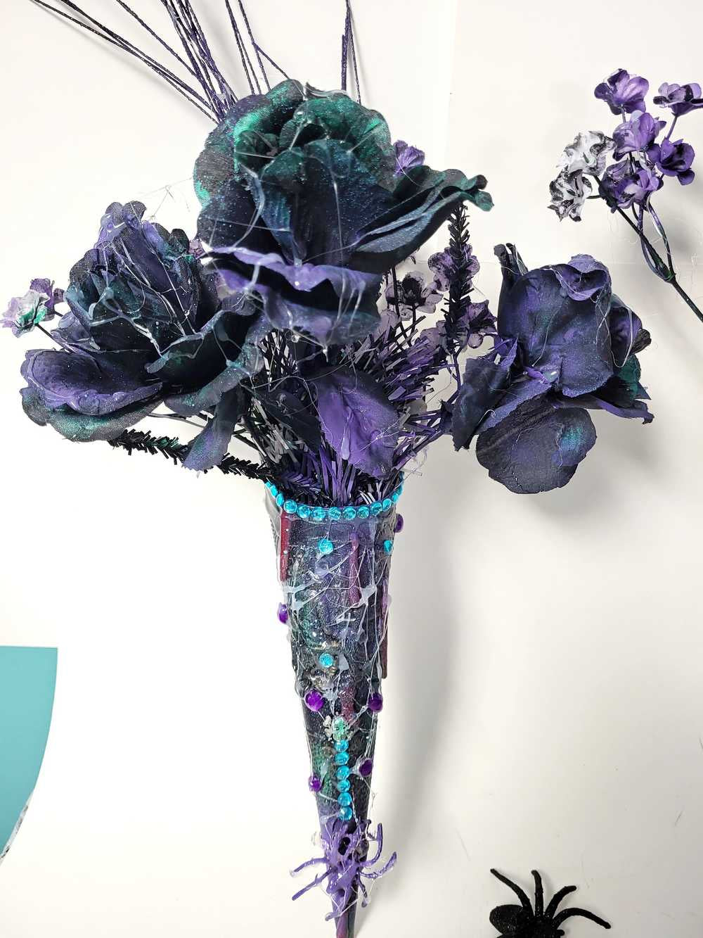 Goth Flower Arrangement, Black & Purple Roses in a Tin Match Cone, with Spiders & Skulls