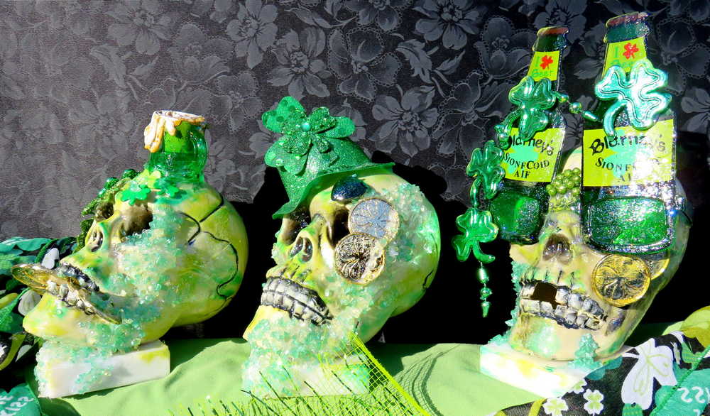 Handmade Resin St. Patrick's Day Skull with Top Hat, Shamrock, Bell & Gold Coins on a Marble Base