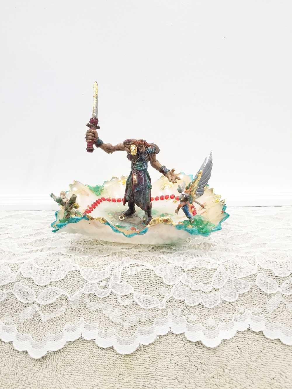 Sword Wielding Giant Mutant, and a Winged Princess, Battling it Out, in an Antique Glass Dish, Collectible