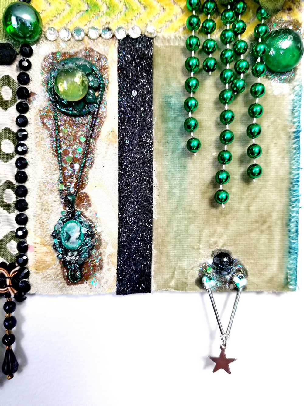 Decorative Collage of Green Fabrics, Recycled Jewelry, Flowers & Mini Picture Frame, Wall Art, Wall Hanging