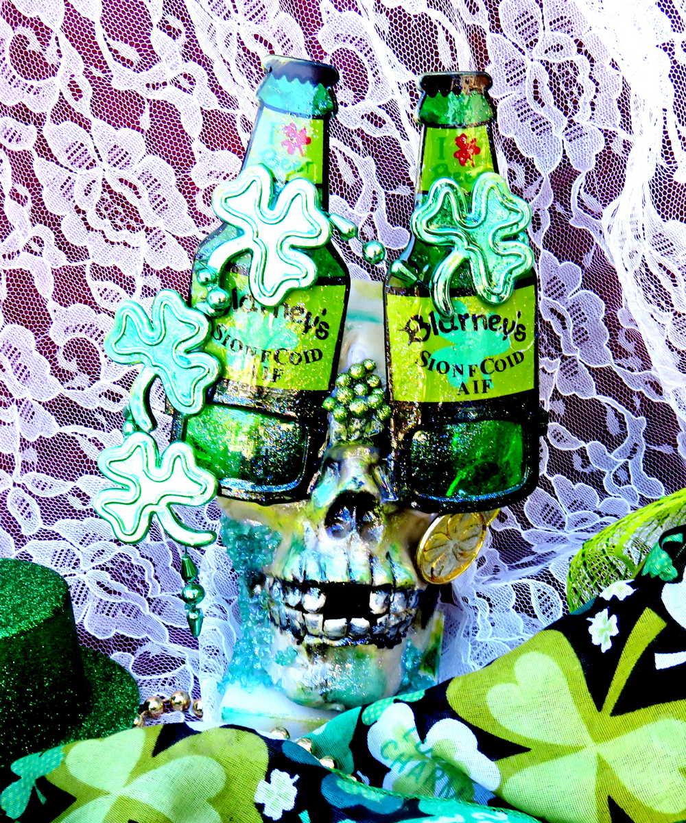 One of a Kind St. Patrick's Skull Decor, Green Beer Goggles, Missing Front Teeth and Shamrocks