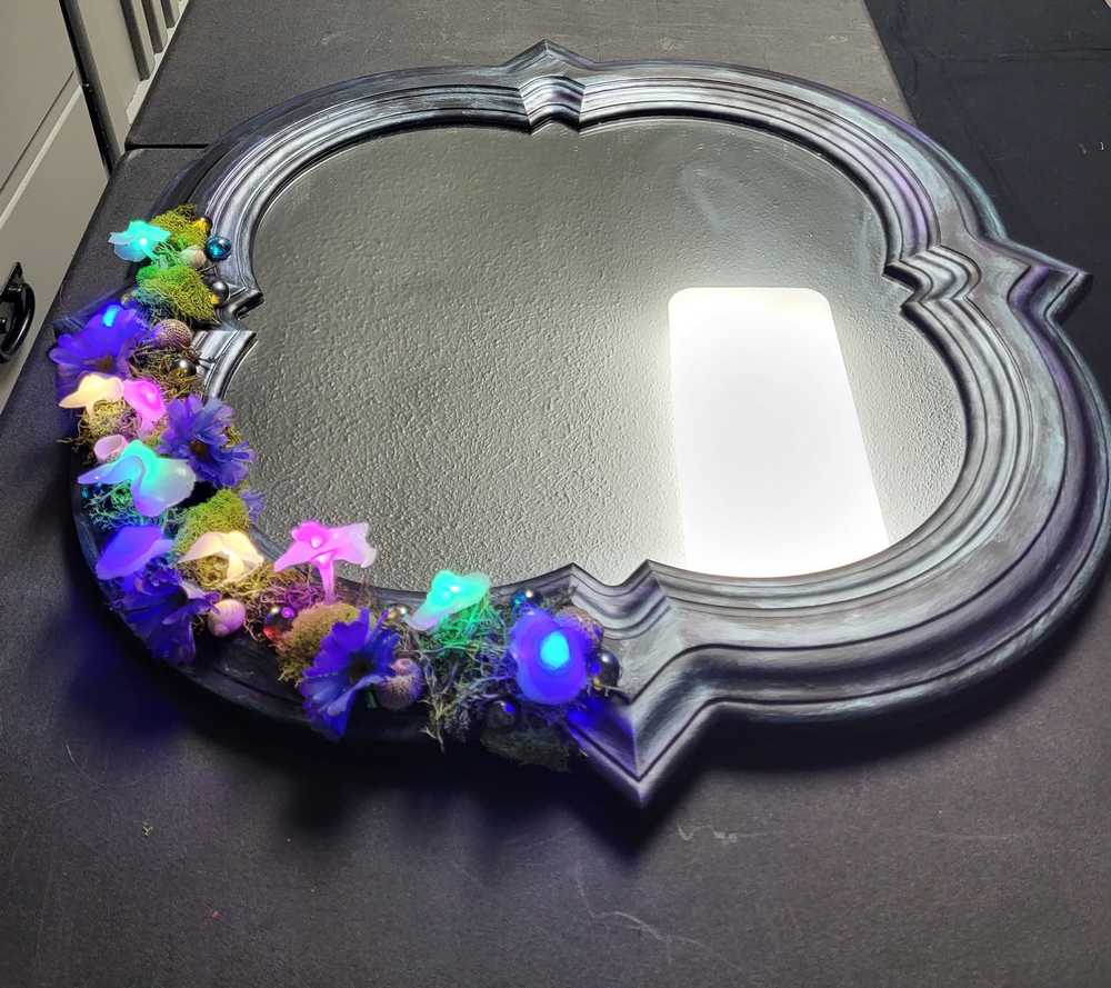 Black Hand Painted Unique Shaped Wall Mirror with Handmade Mushroom Colored Lights, 3 Settings