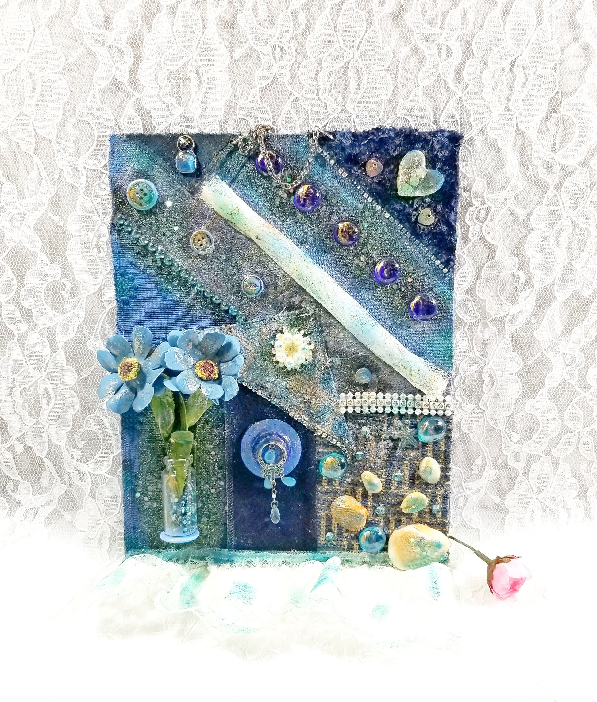 Multi Media Fabric Art Wall Piece in Shades of Blue, Collage, Decorative Wall Art