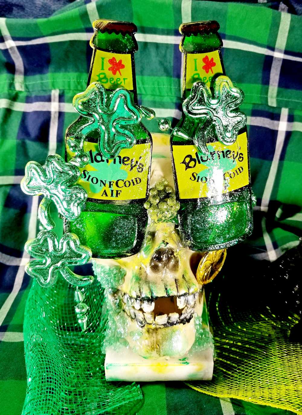 One of a Kind St. Patrick's Skull Decor, Green Beer Goggles, Missing Front Teeth and Shamrocks