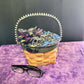 Wood Basket Covered with Black Skull Fabric, with a Purple & Black Flower, Blue Glass Cabochons & a Large Sparkley Spider